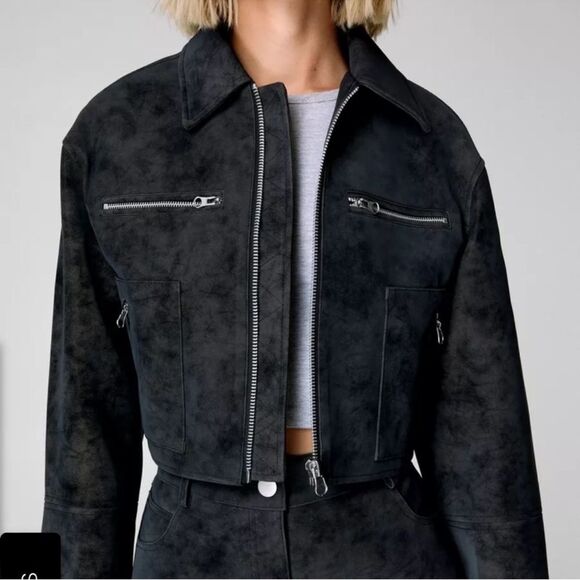 Cropped Faux Leather Distressed Trucker Jacket - Picture 2 of 7